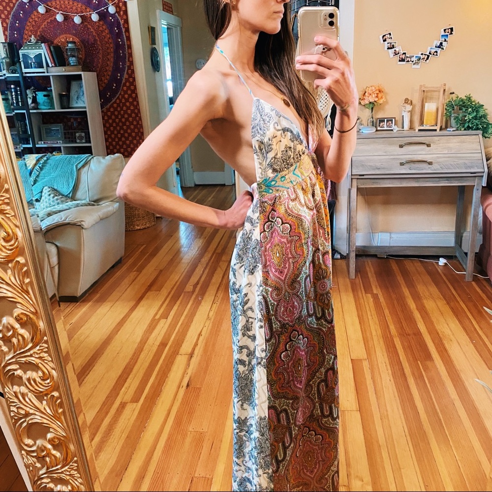 Vintage 100% Silk Y2k Patchwork Backless Halter G… - image 2